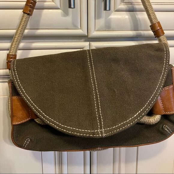 Bcbgirls Purse Brown Khaki Canvas Rope Baguette | Color: Brown/Green - Picture 1 of 8